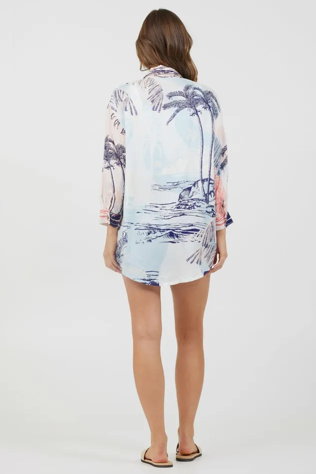 Vintage Havana Dresses Women Blue and Pink Scenic Print Placement Shirt Dress Blue