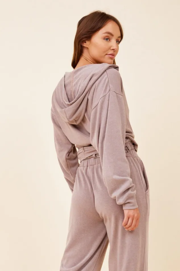 Vintage Havana Hoodies Women Washed Cobblestone Lightweight Fleece Surplice Hoodie Tan