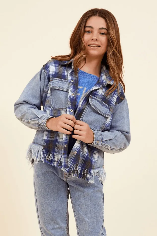 Vintage Havana Kids Tops Women Denim and Blue Plaid Frayed Button Down Denim Blue Plaid Vintage Havana Kids Tops Women Denim and Blue Plaid Frayed Button Down Denim Blue Plaid