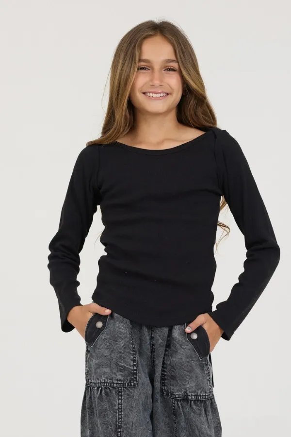 Vintage Havana Kids Tops Women Kids Black Boatneck Ribbed Tee Black
