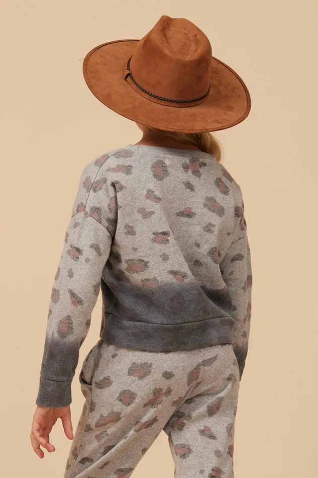 Vintage Havana Kids Tops Women Large Leopard Print Dip Dye Crewneck Grey