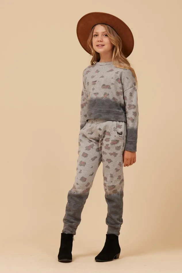 Vintage Havana Kids Tops Women Large Leopard Print Dip Dye Crewneck Grey