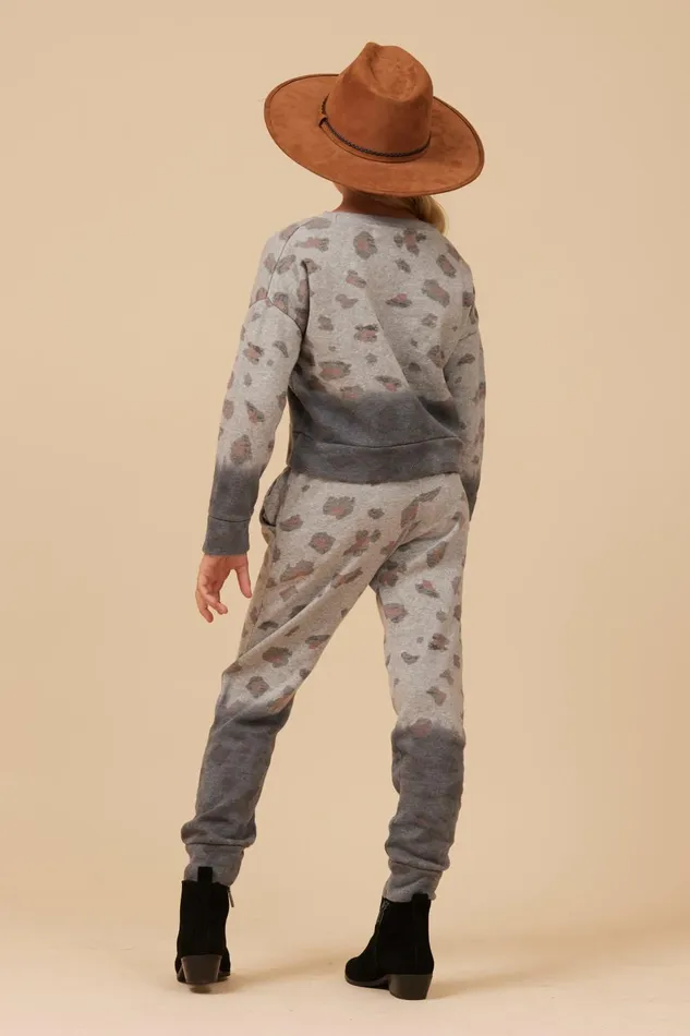 Vintage Havana Kids Tops Women Large Leopard Print Dip Dye Crewneck Grey