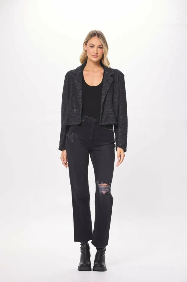 Vintage Havana Outerwear Women Charcoal Oversized Textured Knit Blazer Greyblack