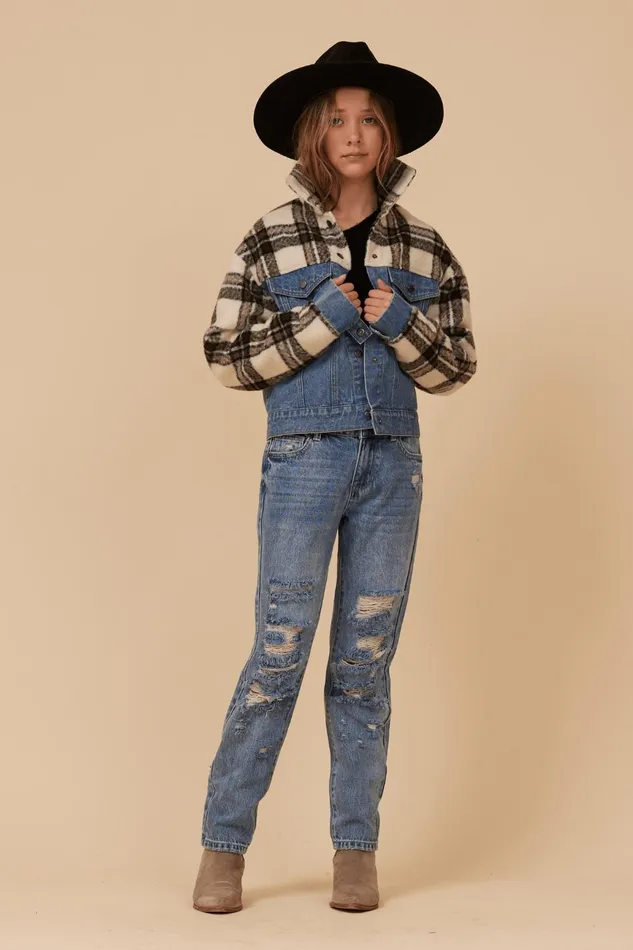 Vintage Havana Outerwear Women DENIM AND PLAID JACKET