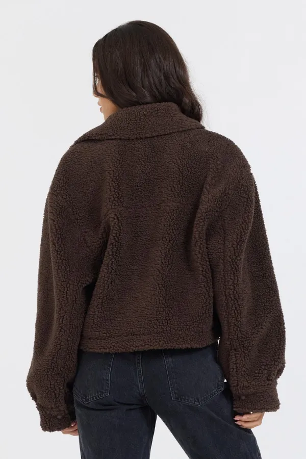 Vintage Havana Outerwear Women Espresso Sherpa Jacket W Quilted Pockets Espresso