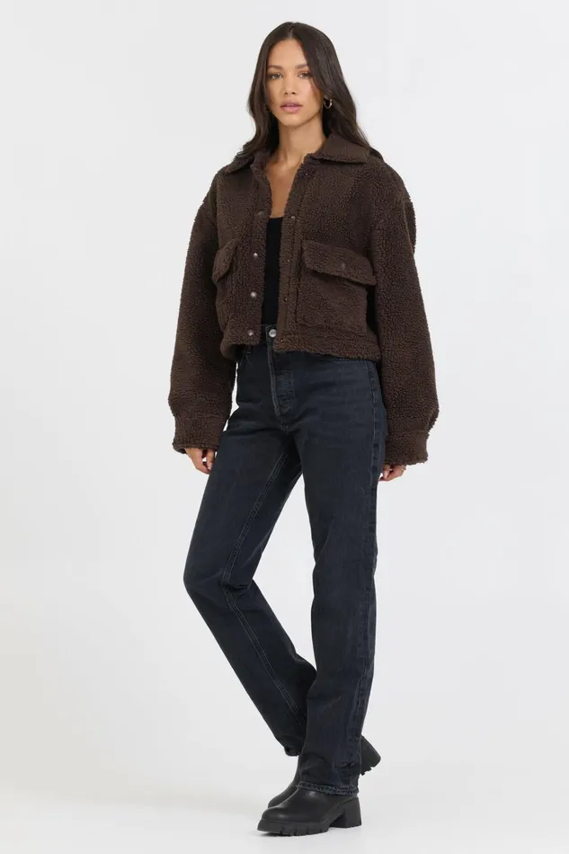 Vintage Havana Outerwear Women Espresso Sherpa Jacket W Quilted Pockets Espresso