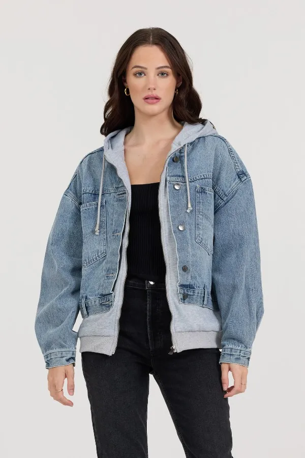 Vintage Havana Outerwear Women Washed Denim Fleece Jacket Denim