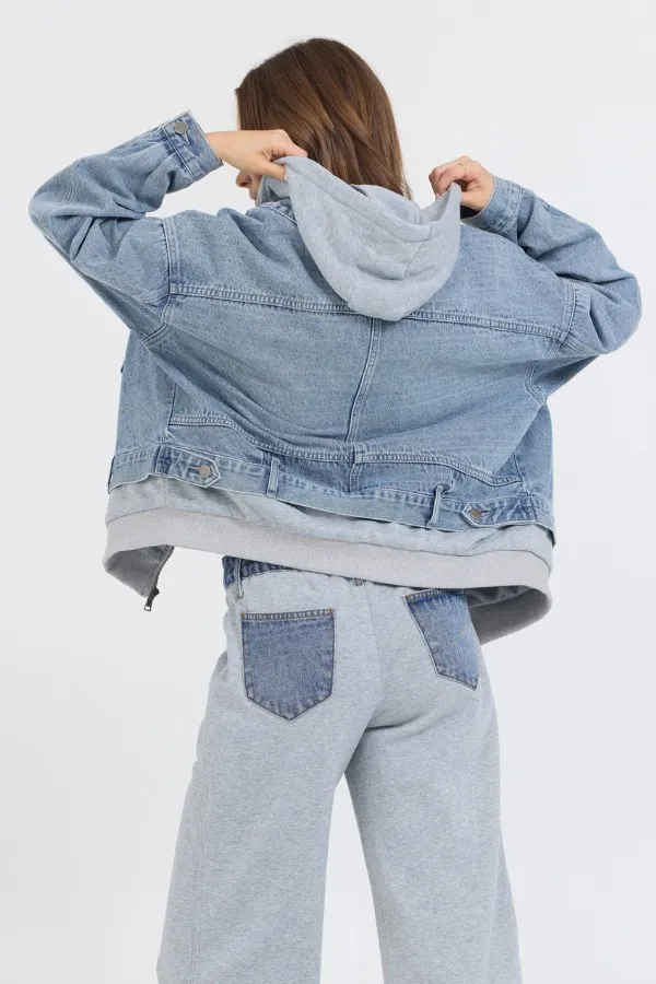 Vintage Havana Outerwear Women Washed Denim Fleece Jacket Denim