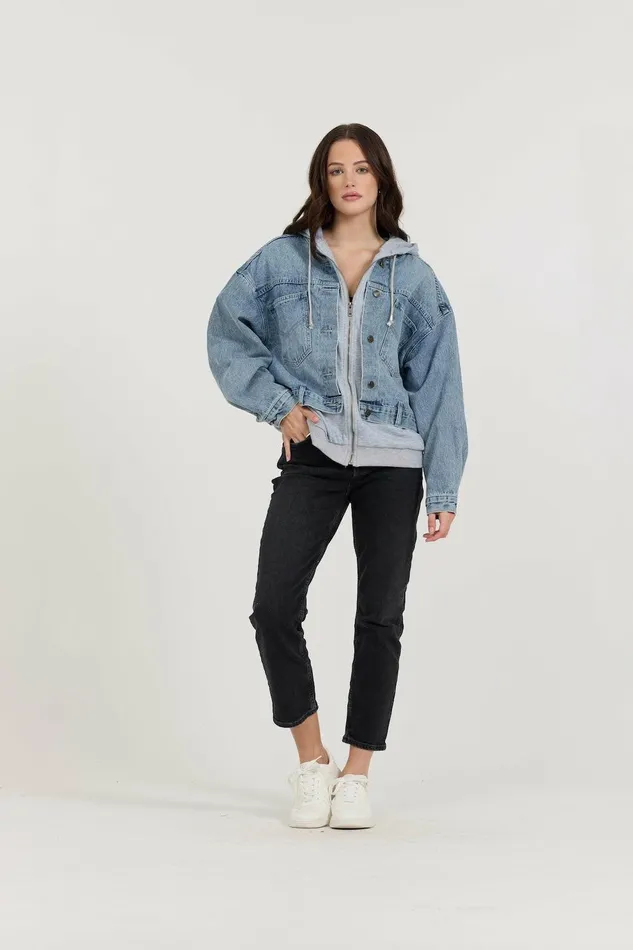 Vintage Havana Outerwear Women Washed Denim Fleece Jacket Denim