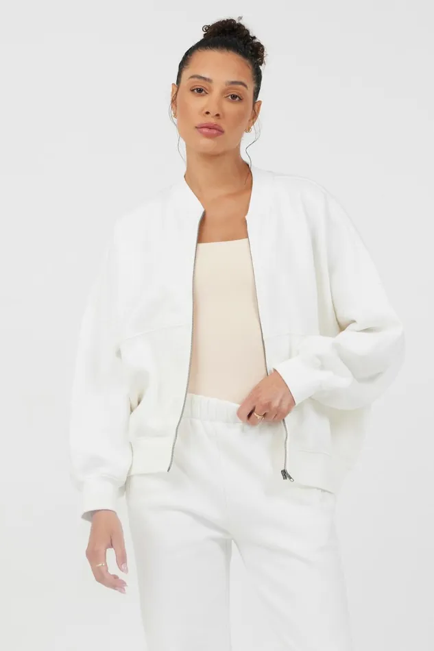 Vintage Havana Outerwear Women White Essential Fleece Zip Up Bomber White