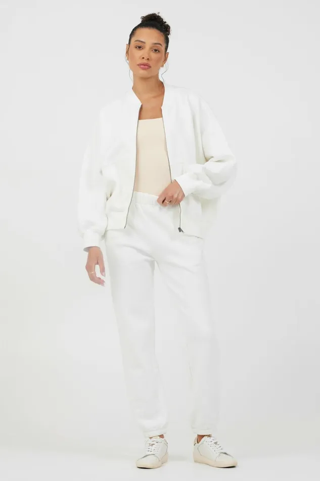 Vintage Havana Outerwear Women White Essential Fleece Zip Up Bomber White