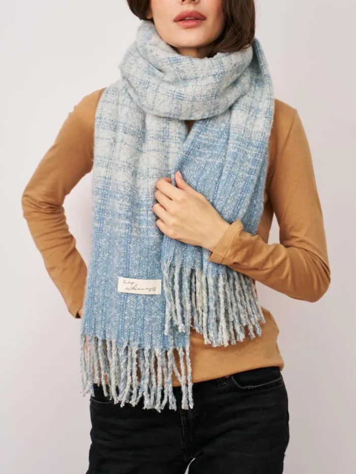 Vintage Havana Scarf Ruanas Women BOUCLE CHECK TASSEL SCARF 8211 BLUE Blue