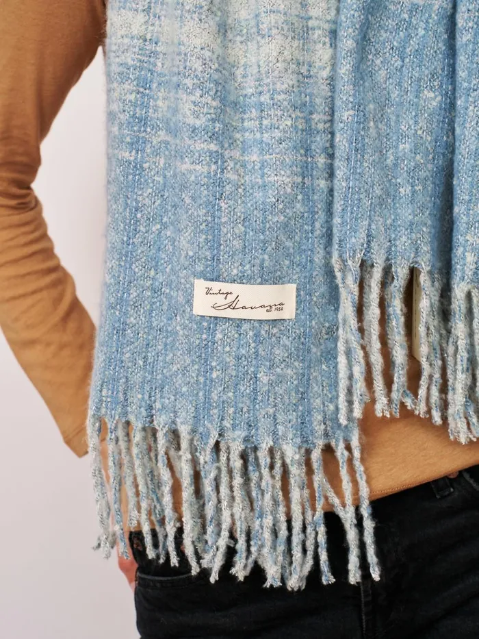 Vintage Havana Scarf Ruanas Women BOUCLE CHECK TASSEL SCARF 8211 BLUE Blue Vintage Havana Scarf Ruanas Women BOUCLE CHECK TASSEL SCARF 8211 BLUE Blue