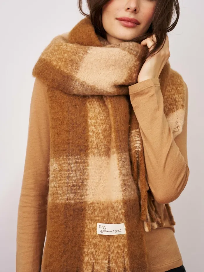 Vintage Havana Scarf Ruanas Women CHECK TASSEL SCARF 8211 TAN Tan Vintage Havana Scarf Ruanas Women CHECK TASSEL SCARF 8211 TAN Tan