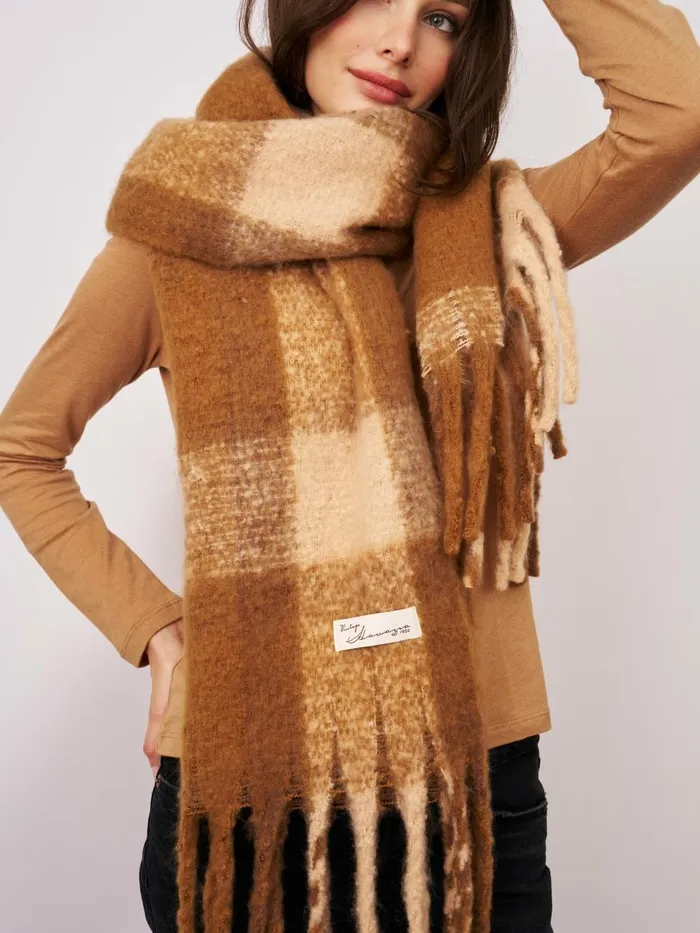 Vintage Havana Scarf Ruanas Women CHECK TASSEL SCARF 8211 TAN Tan Vintage Havana Scarf Ruanas Women CHECK TASSEL SCARF 8211 TAN Tan