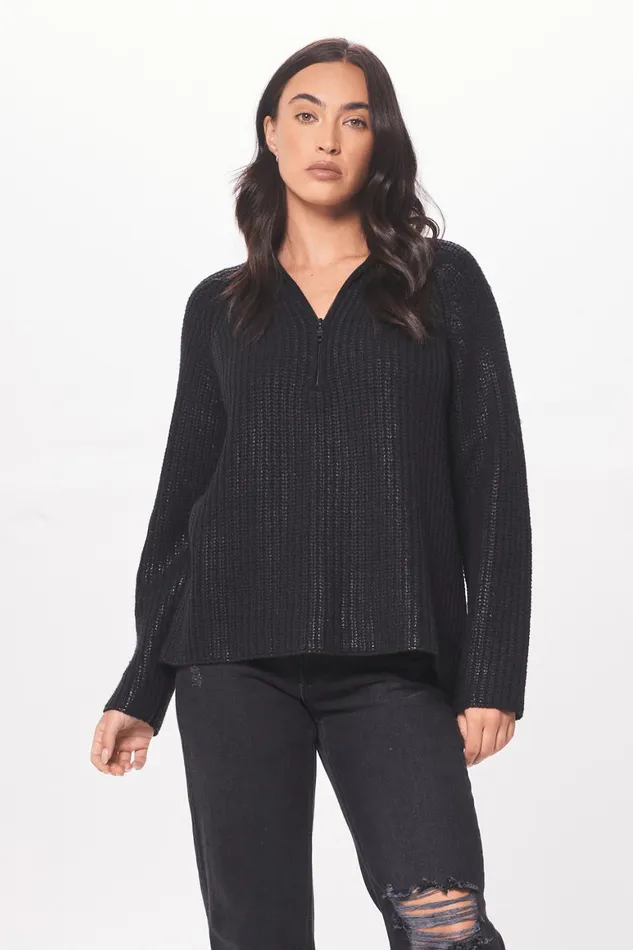 Vintage Havana Sweaters Women Black Coated Quarter Zip Sweater Black