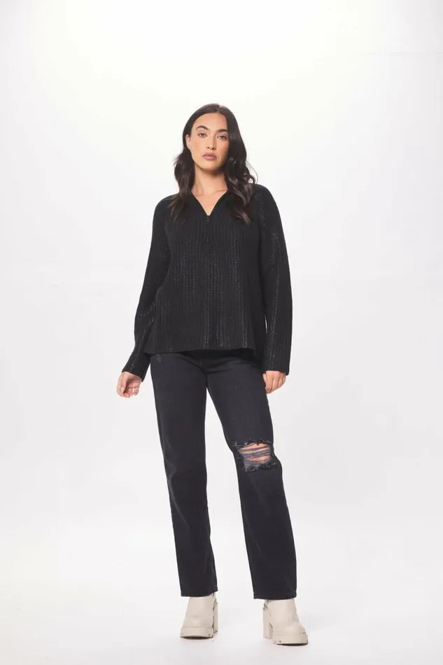 Vintage Havana Sweaters Women Black Coated Quarter Zip Sweater Black