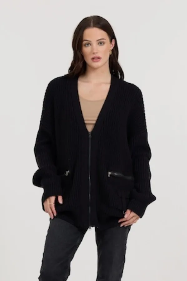 Vintage Havana Sweaters Women Black Long Zip Front Utility Cardigan Black