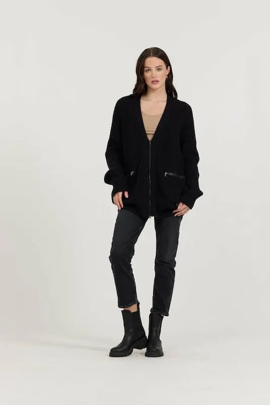 Vintage Havana Sweaters Women Black Long Zip Front Utility Cardigan Black