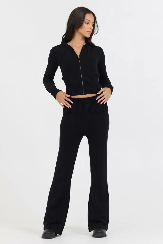 Vintage Havana Sweaters Women Black Slim Fit Knit Zip Up Black