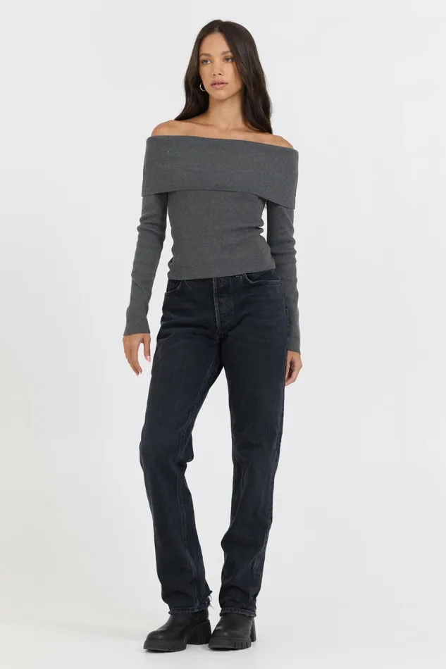 Vintage Havana Sweaters Women Heather Charcoal Off Shoulder Sweater Heather Charcoal