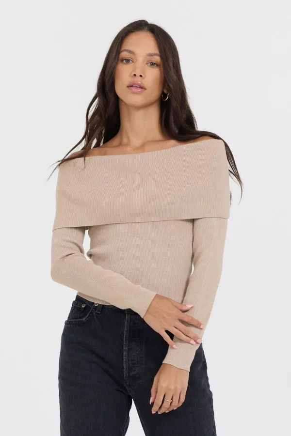 Vintage Havana Sweaters Women Heather Oatmeal Off Shoulder Sweater Oatmeal