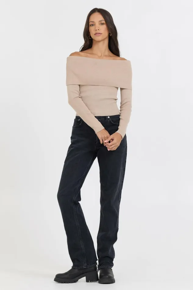 Vintage Havana Sweaters Women Heather Oatmeal Off Shoulder Sweater Oatmeal