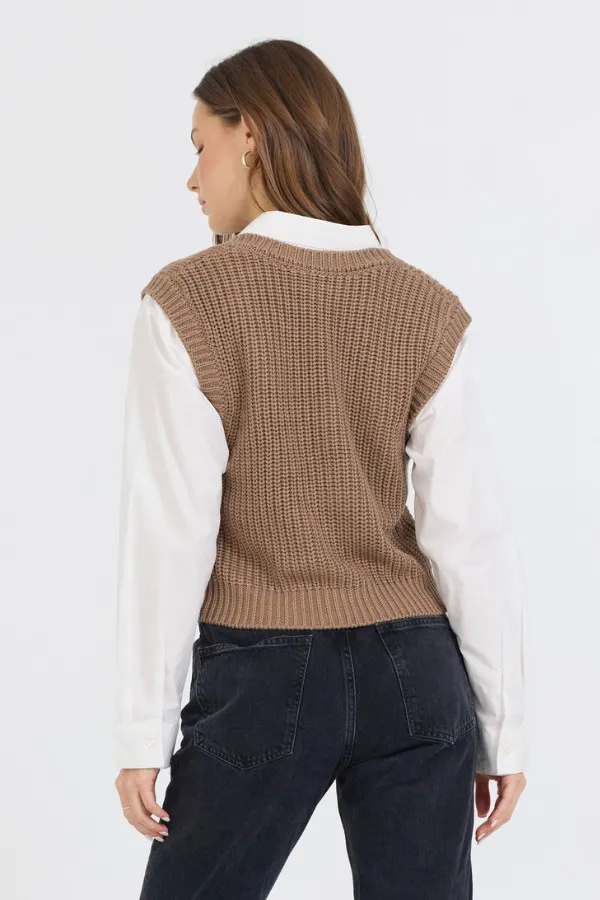 Vintage Havana Sweaters Women Toffee W White Twofer Cropped Sweater Vest Toffee