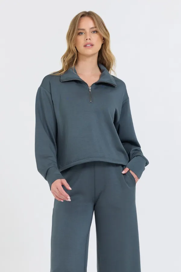 Vintage Havana Sweatshirts Women Mountain Grey Cloud Fleece Quarter Zip Grey