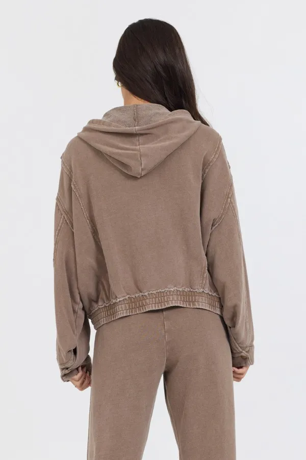 Vintage Havana Sweatshirts Women Washed Mocha Garment Dye French Terry Zip Up Hoodie Mocha