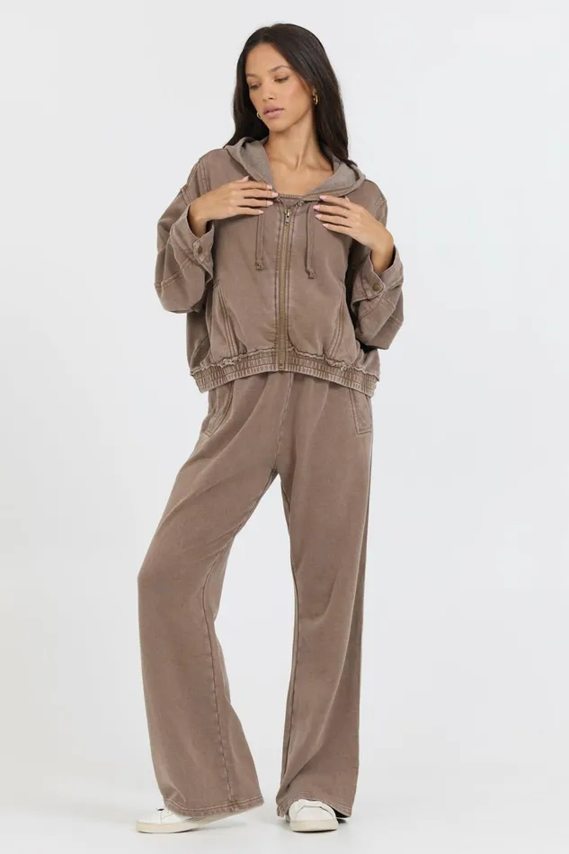 Vintage Havana Sweatshirts Women Washed Mocha Garment Dye French Terry Zip Up Hoodie Mocha
