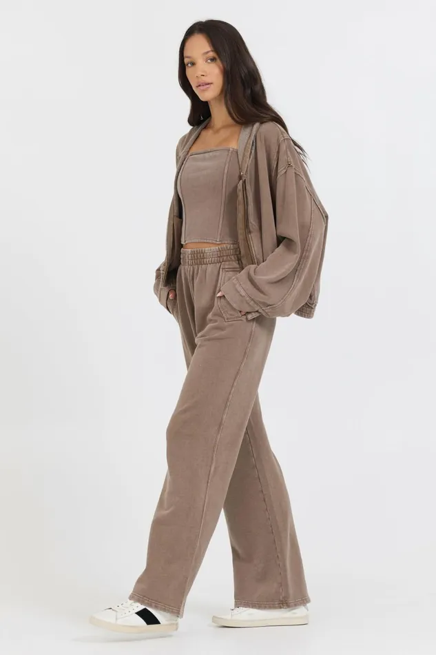 Vintage Havana Sweatshirts Women Washed Mocha Garment Dye French Terry Zip Up Hoodie Mocha