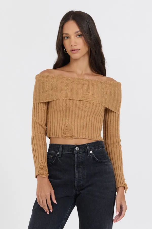 Vintage Havana Tees Women Caramel Distressed Off Shoulder Sweater Caramel