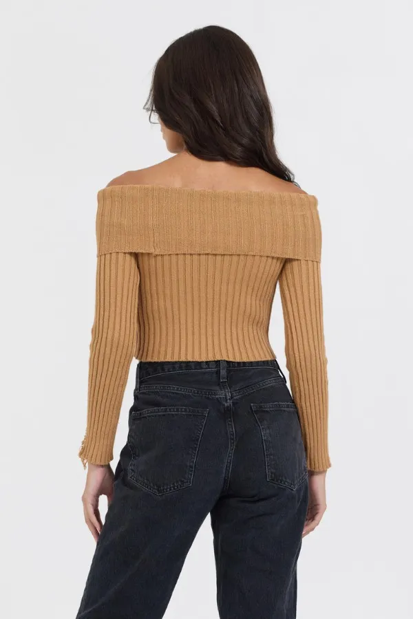 Vintage Havana Tees Women Caramel Distressed Off Shoulder Sweater Caramel