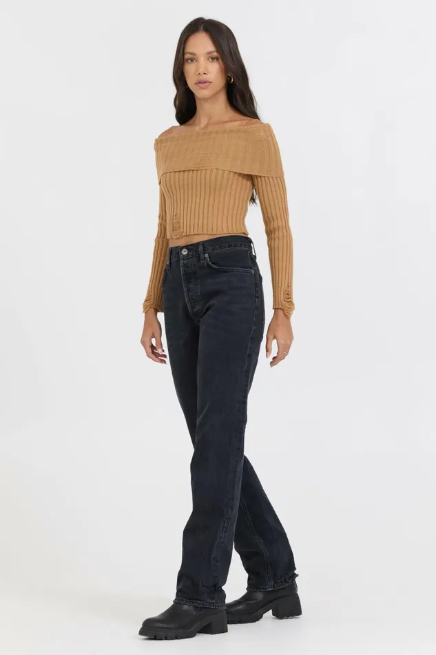 Vintage Havana Tees Women Caramel Distressed Off Shoulder Sweater Caramel