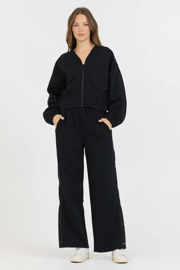 Vintage Havana Wide Leg Pants Women Black Brushed Snap Pant Black