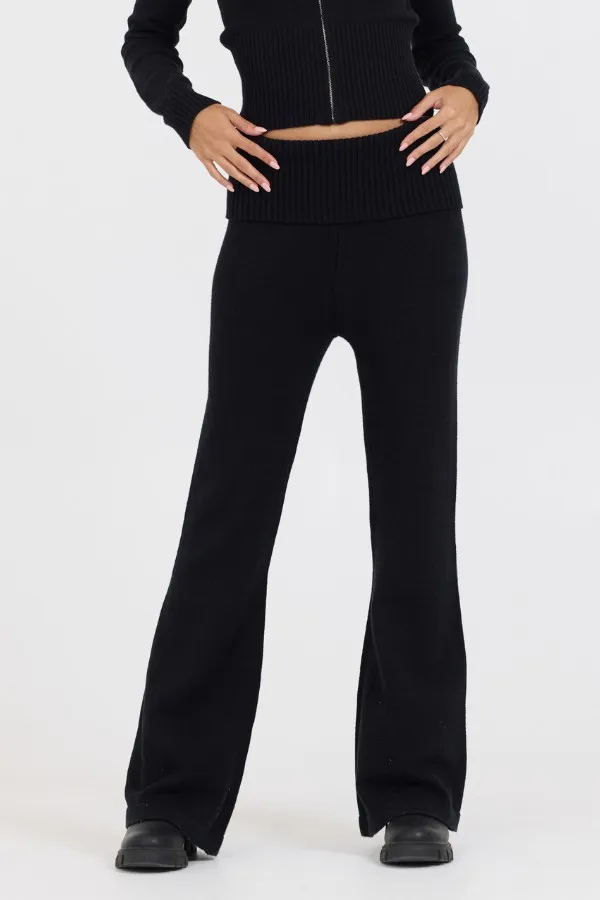 Vintage Havana Wide Leg Pants Women Black Slim Fit Knit Fold Over Flare Pant Black Vintage Havana Wide Leg Pants Women Black Slim Fit Knit Fold Over Flare Pant Black