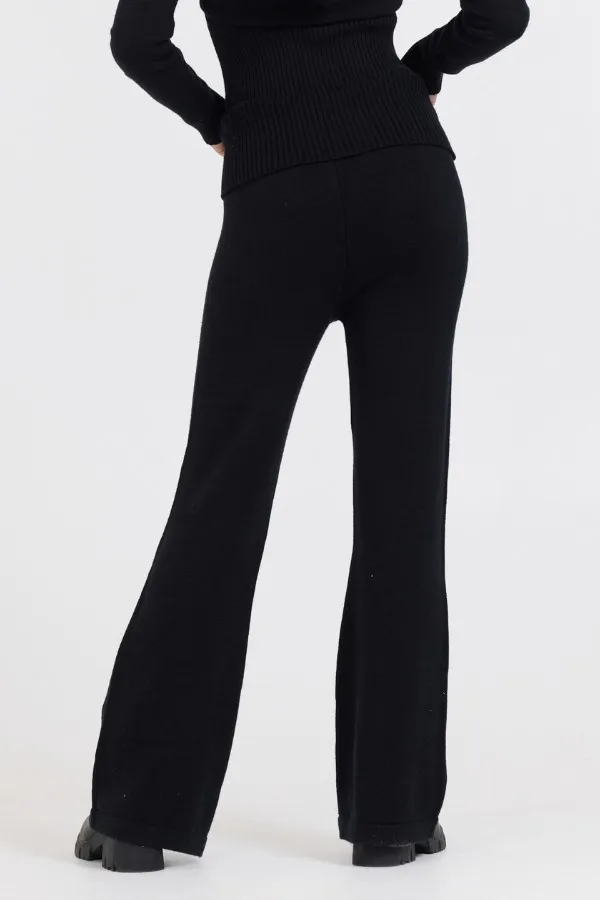 Vintage Havana Wide Leg Pants Women Black Slim Fit Knit Fold Over Flare Pant Black
