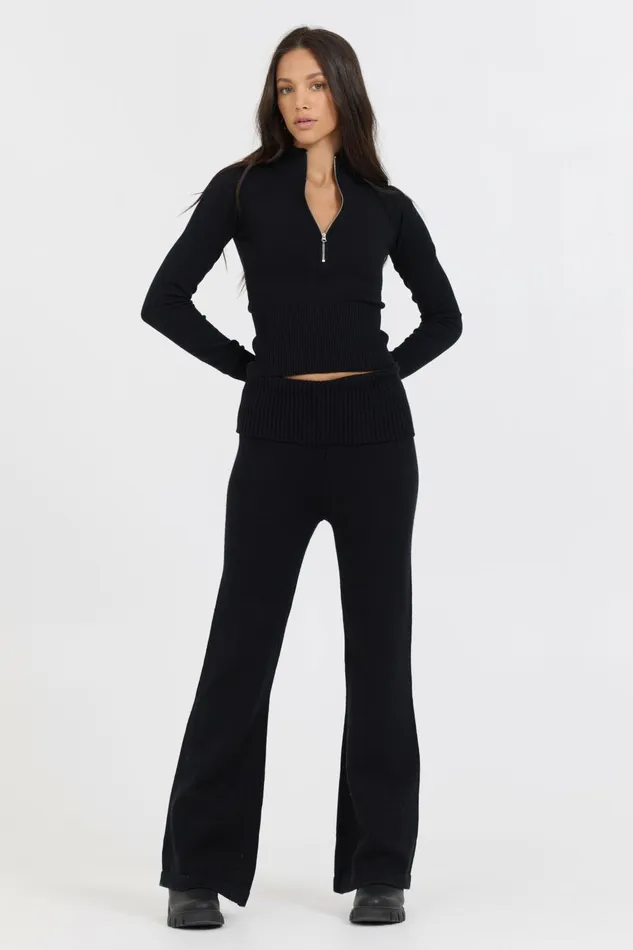 Vintage Havana Wide Leg Pants Women Black Slim Fit Knit Fold Over Flare Pant Black