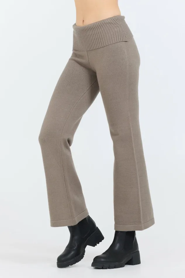 Vintage Havana Wide Leg Pants Women Olive Grey Slim Fit Knit Fold Over Flare Pant Grey