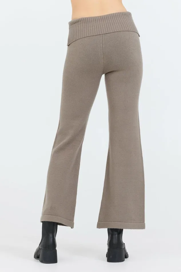 Vintage Havana Wide Leg Pants Women Olive Grey Slim Fit Knit Fold Over Flare Pant Grey