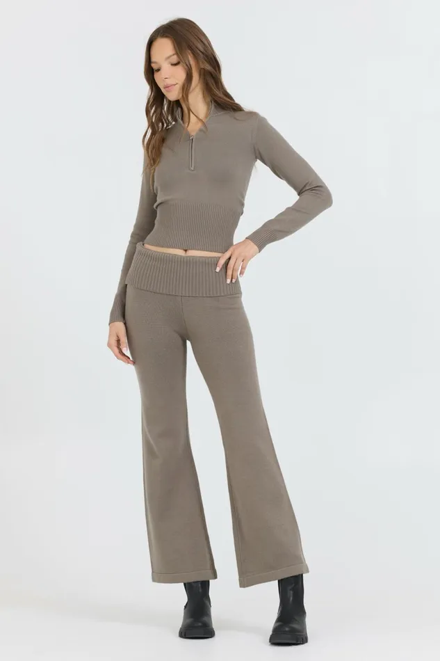 Vintage Havana Wide Leg Pants Women Olive Grey Slim Fit Knit Fold Over Flare Pant Grey