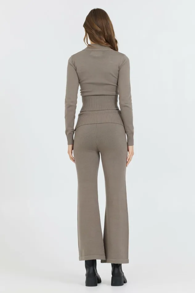 Vintage Havana Wide Leg Pants Women Olive Grey Slim Fit Knit Fold Over Flare Pant Grey