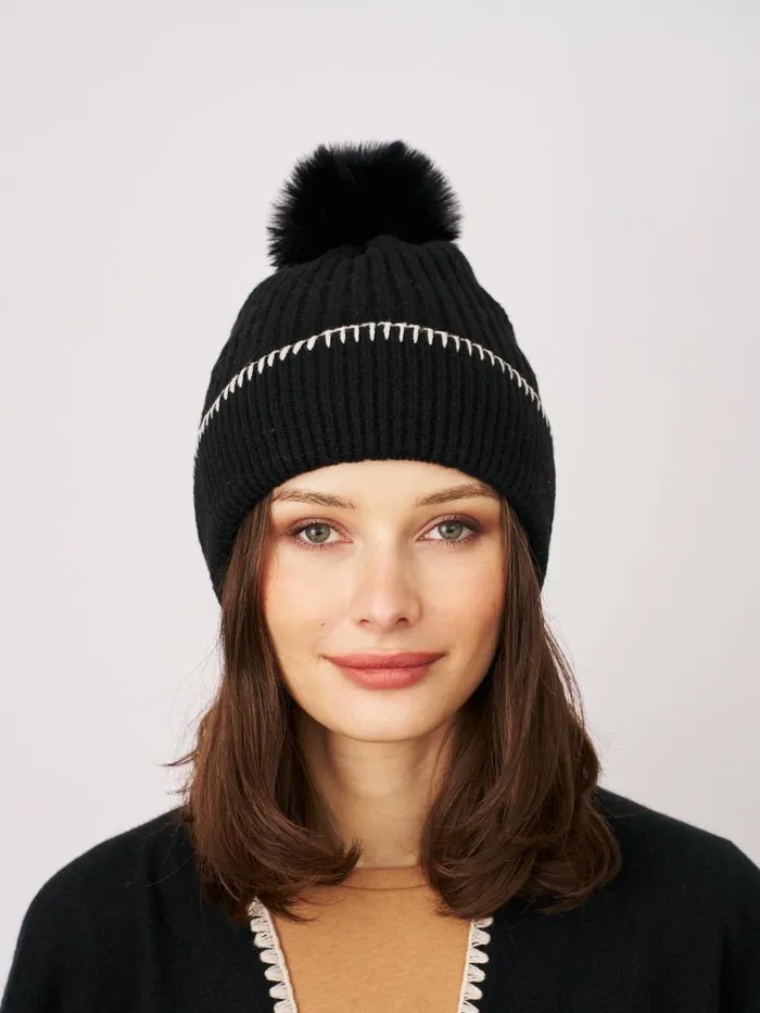 Vintage Havana Winter Hats Women RIBBED POMPOM BEANIE 8211 BLACKIVORY Blackivory