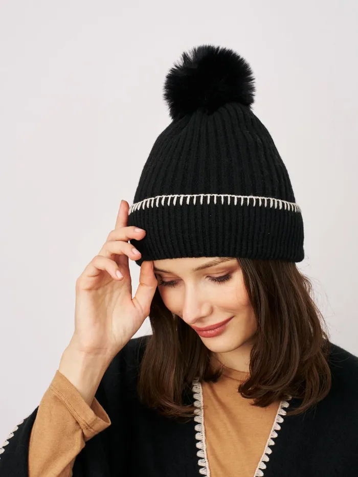 Vintage Havana Winter Hats Women RIBBED POMPOM BEANIE 8211 BLACKIVORY Blackivory Vintage Havana Winter Hats Women RIBBED POMPOM BEANIE 8211 BLACKIVORY Blackivory