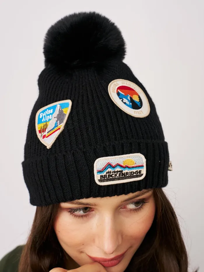 Vintage Havana Winter Hats Women RIBBED POMPOM BEANIE WITH SWISS ALP PATCH 8211 BLACK Black