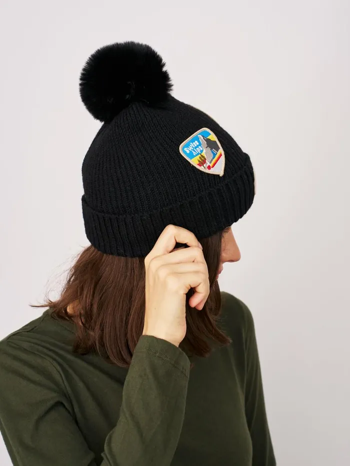 Vintage Havana Winter Hats Women RIBBED POMPOM BEANIE WITH SWISS ALP PATCH 8211 BLACK Black Vintage Havana Winter Hats Women RIBBED POMPOM BEANIE WITH SWISS ALP PATCH 8211 BLACK Black