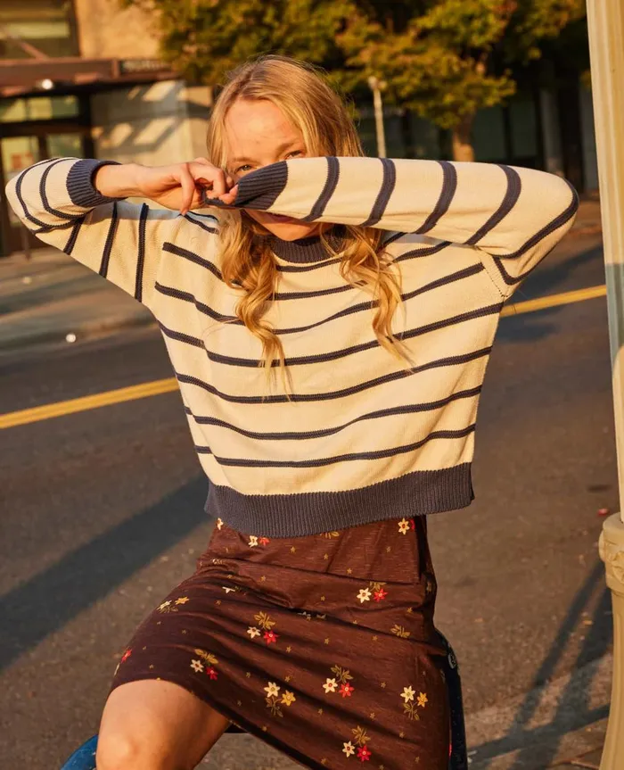 Women039s Bianca II Crew Sweater True Navy Stripe ToadandCo Sweaters