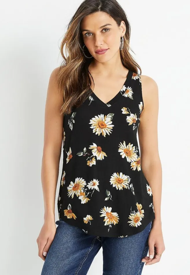 Women 247 Black Daisy VNeck Tank Top Maurices Tops